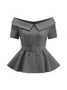 Ellevyn 1 Set Off-Shoulder Blazer Top And Wide-Leg Pants Suit, Suitable For Commuting, Office Wear, Classic & Elegant - Grey - View 9