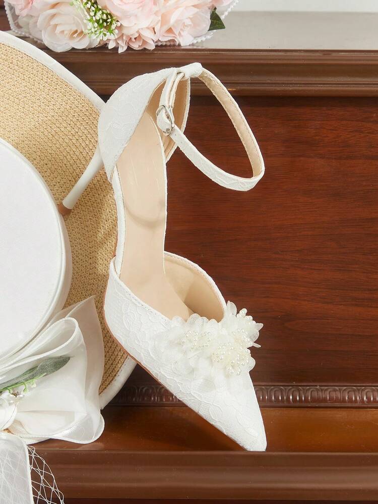 CUCCOO HITCHD Women's Pointed Toe High Heel Faux Pearl Mesh 3D Floral Lace White Bridal High Heel Pumps, Fashion Elegant Wedding Party Evening Hollow Out Heels Valentine's Day Elegant Shoes Wedding Shoes