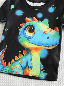 Conjunto de Pijama Casual Minimalista de Manga Curta e Calça com Estampa de Dinossauro e Espaço para Menino Jovem, Adequado para Todas as Estações - Multicolorido - Visão 6