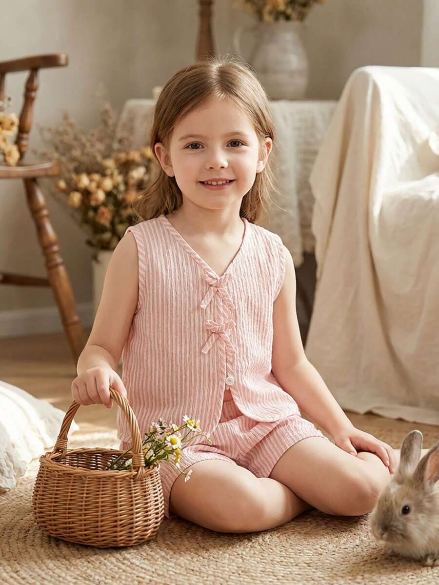 Vintaside Kids 两件套女童蓝色纹理面料背心短裤套装，时尚设计，独特夏季装扮 - 淺粉色 - 查看 1