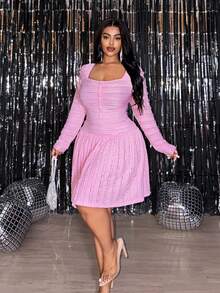 Veslaya 2026春夏新款优雅浪漫可爱约会派对小黑裙生日聚会毕业季学院风学生日常穿搭百搭浪漫情人节修身纯粉色长袖装饰下摆A字针织纹理面料迷你连衣裙短裙 - 粉色 - 查看 6