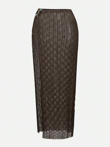 Swim Oasis Women's Elegant One-Piece Swimsuit With Metal Buckle, Brown Textured Fabric, Green Buttons, Suitable For Beach, Resort, Party - Brown - View 9