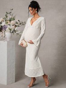 Momance Printed Lace V-Neck Long Ruffle Sleeve Maternity Dress - White - View 7