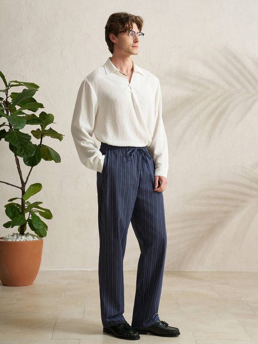 TONEVAULT Men's Drawstring Waist Striped Pocket Straight Loose Casual Pants - Black - View 1
