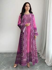 SHEIN Najma 女士几何花卉数码印花优雅圆领长款连衣裙和长款开衫两件套，春夏休闲装 - 彩色 - 查看 3