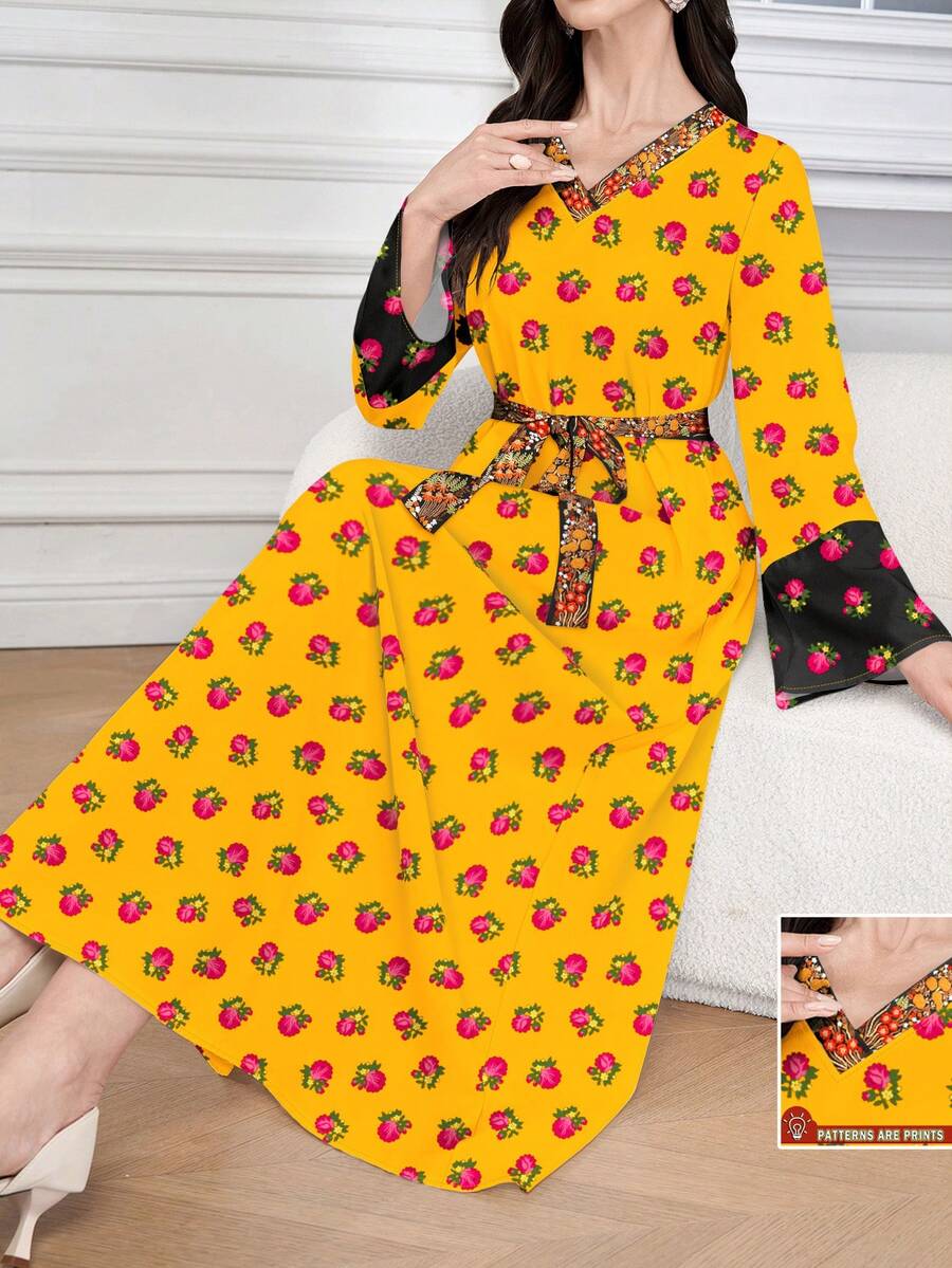 SHEIN Najma 女士花卉藤蔓图案数码印花黄色V领长袖优雅阿拉伯连衣裙,春季 - 彩色 - 查看 1