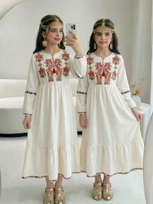 Girls & Women Middle Eastern/Arabic Style V-Neck Long Sleeve Casual Printed Robe, Suitable For Party, Leisure, Commuting - White - View 3