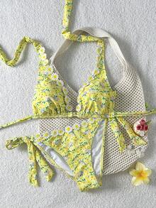Swim Mod Women's Summer Beach Casual Vacation Ditsy Floral Ruffle Trim Bikini Set - Multicolor - View 6