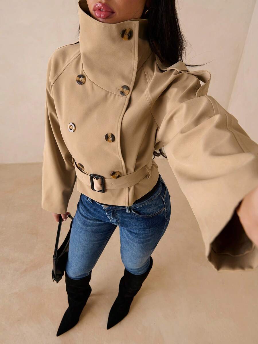SHEIN Glamour Women's Khaki High Collar Windbreaker, Elegant Casual Short Straight Loose Fit Double-Breasted Trench Coat, Spring/Summer Women's Jacket - Khaki - View 1