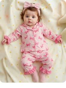 طقم بيجامة طويلة الأكمام للرضع البنات الصغيرات، بتصميم كاجوال محبوك بألوان متباينة وفيونكة - متعدد الألوان - مشاهدة 7