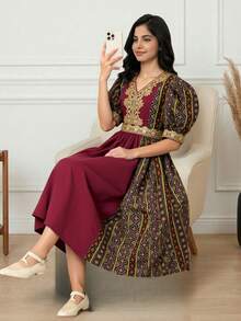 SHEIN Đầm tay phồng họa tiết hình học, phối ruy băng, thích hợp cho bé gái tuổi teen mùa hè. - màu đen - Xem 4