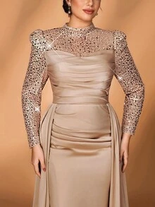 Serin 大码奢华香槟色薄纱长灯笼袖连衣裙，饰有串珠、亮片和褶皱缎面鱼尾裙摆，适合婚礼、派对、度假、舞会、新娘母亲正式礼服（装饰繁复） - 香檳色 - 查看 7