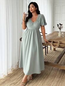 SHEIN LUNE Plus Size Women U-Neck Ruched Puff Sleeve A-Line Midi Casual/Work Dress - Mint Green - View 5