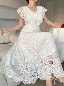 DAZY 女士优雅蕾丝领无袖长裙，夏季婚礼宾客礼服 - 白色 - 查看 1