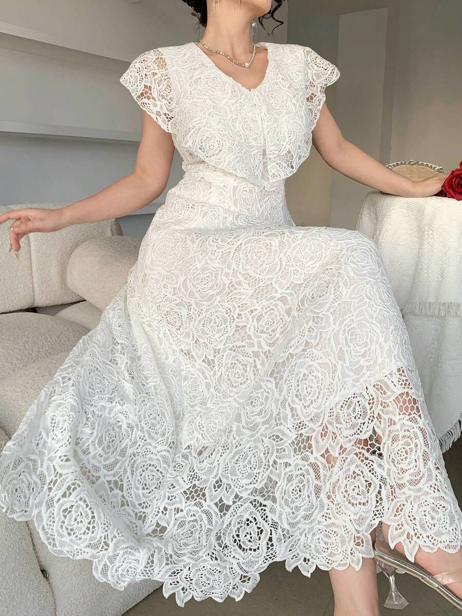 DAZY 女士优雅蕾丝领无袖长裙，夏季婚礼宾客礼服 - 白色 - 查看 1