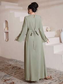 Al Najma Solid Color Applique Tie-Up Cinched Waist Elegant Flared Dress For Women - Green - View 7
