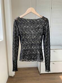 Feyla Women's Fashionable Sexy Sheer Lace Blouse Lace Long Sleeve Black See Through Top Black Mesh Top Black Lace Top See Through Shirt See Through Tops Lace Shirts Long Sleeve Black Top Black Lace Long Sleeve Top - Black - View 2