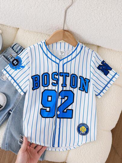 SHEIN Young Boys' Casual Sports Streetwear Letter Contrast Stripe English Print Open Front Short Sleeve Shirt, Suitable For Commuting, School, Daily Casual, Vacation, Sports, Festivals And Gatherings, Spring/Summer/Autumn/Winter