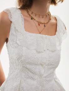 Poéselle Women's White Knitted Square Neck Tank Top With Ruffle Detail And Plant Pattern For Casual Wear - White - View 1