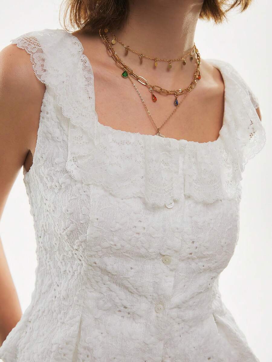 Poéselle Women's White Knitted Square Neck Tank Top With Ruffle Detail And Plant Pattern For Casual Wear - White - View 1