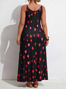 EMERY ROSE Plus Size Women's Valentine Day Heart Strap Maxi Dress, Black And Red Print Loose Strap Long Dress,Casual Summer Travel Date Wear - Multicolor - View 2