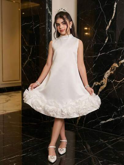 1pc Girls' Classic Elegant Formal Dress, White Satin With 4 Floral 3D Decor, Stand Collar, Sleeveless Knee-Length, Suitable For Daily Wear, Festivals, Garden Parties, Weddings And More