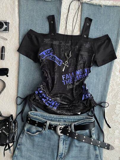 Attitoon Y2K哥特朋克前卫美学T恤，褶皱修身露肩插肩袖黑色上衣