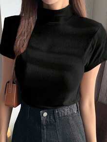 DAZY Áo thun nữ cổ cao ôm sát tay ngắn, thích hợp mặc lót trong mùa hè. - màu đen - Xem 3