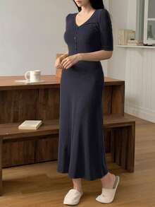 DAZY Đầm dài ôm sát dệt kim tối giản, đồ mặc nhà mùa thu/đông dành cho nữ. - Màu xanh hải quân - Xem 4