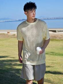 DAZY Áo thun nam màu be trơn, chất liệu vải dệt họa tiết, thoáng khí, khoét lỗ, thích hợp cho mùa hè. - Màu be - Xem 6