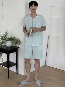 DAZY Conjunto de pijama de camisa de manga corta y pantalones cortos de verano para hombre - Verde - Ver 3