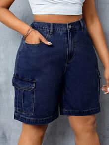 SHEIN CURVE+ Plus Size Women's Cargo Pocket Casual Versatile Denim Shorts - Blue - View 4