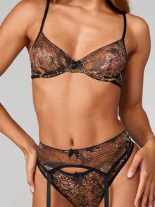 MISSGUIDED 蛇纹印花内衣套装，含钢圈文胸、吊袜带、丁字裤和及膝长袜，蕾丝花边装饰，绑带设计。 - 彩色 - 查看 5
