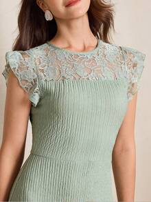 Miaspire Đầm ren màu trơn thanh lịch dài ngang gối dành cho nữ - màu xanh lá - Xem 7