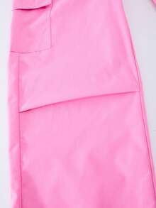 SHEIN ChillGRL Tween Girls' Casual Letter Striped V-Neck Off Shoulder Loose T-Shirt & Numeric Graphic Tee With Chic Utility Straight Leg Pocket Pants 2-Piece Set, Fashionable Spring/Summer/Autumn - Pink - View 6