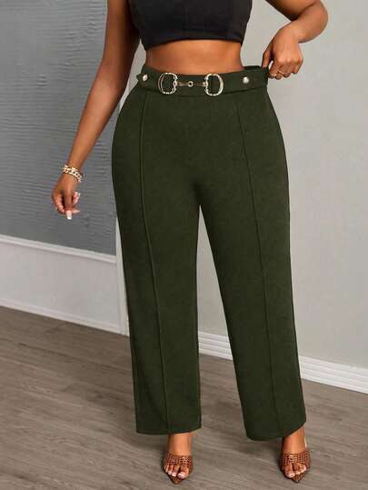 Slaydiva Elegant & Commute & Party & Date Slim Solid Black Waist Metal Decor Button Super Long Straight Pants, Women Plus Size, Spring/Autumn