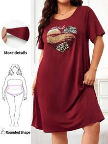 Enliva Rochie tricou elastică lejeră pentru femei, mărime mare, rochie casual cu mânecă scurtă și model cu inimă, potrivită pentru formele corpului rotund, Ziua Îndrăgostiților, dragoste, cadou, romantism, La mulți ani de Ziua Îndrăgostiților, ținută de Anul Nou 2026, Anul Nou 2026, pentru forme de corp rotunjite și cu model de măr - Burgundia - Vizualizare 1