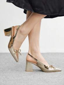 CUCCOO BIZCHIC Women's Classic Burgundy Pointed Toe Mid Chunky Heel Slip-On Pumps, Versatile For Commuting, Dating, Party, Holiday, Wedding For Christmas Spring Shoes - Gold - View 3