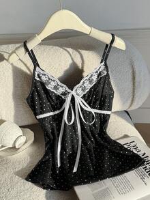 SHEIN Polka Dot Lace Patchwork Bow Tie Camisole - Black - View 4