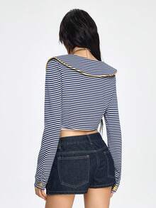ROMWE Grunge Punk Retro Nautical Navy Blue & White Striped Open Front Short Lightweight Jacket - Blue and White - View 8
