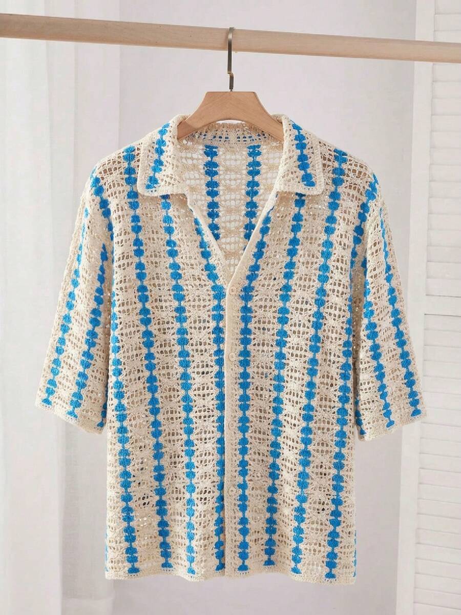 SWAVVY 男士时尚休闲镂空纽扣针织毛衣，夏季 - 白色 - 查看 1