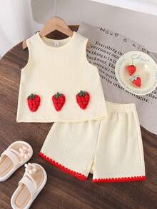 Elladie kids 春夏新款草莓刺绣吊带背心搭配同款弧形纹理红色背心短裤，可爱休闲度假套装 - 杏色 - 查看 3