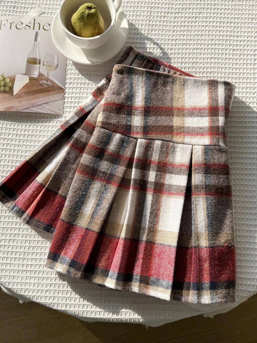 SHEIN EZwear 大码女式休闲格子百褶裙，粉色，秋冬款 - 紅色 - 查看 1