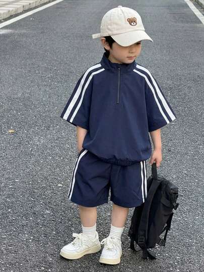 两件套儿童男童休闲日常舒适罗纹领半拉链套头衫和短裤梭织两件套POLO衫套装