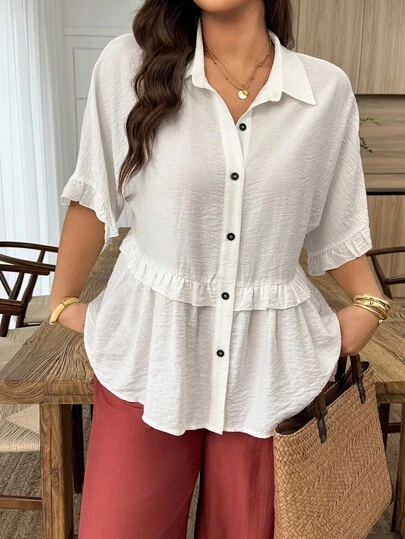 Weeklong Plus Size Women's Casual Open Front Ruffle Trim Blouse, Suitable For Daily, Casual, And Vacation Wear, Spring/Summer