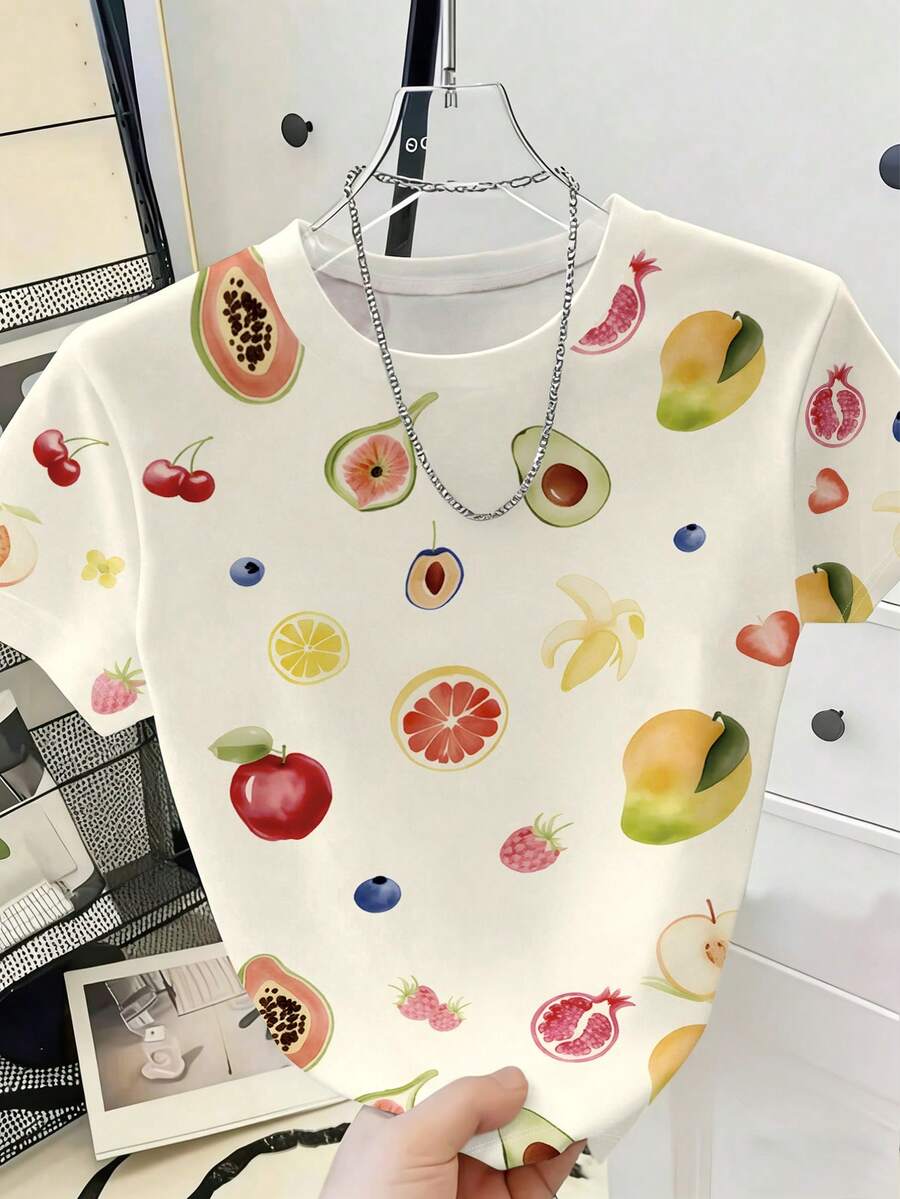 Resyla 女士休闲水果印花圆领短袖T恤，夏季 - 彩色 - 查看 1