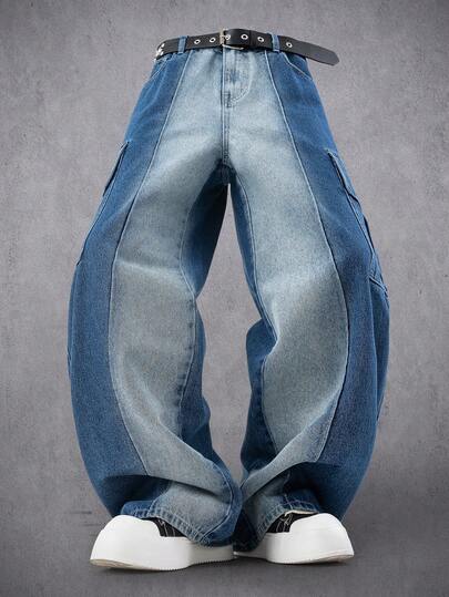 Manfinity Denimwave Vintage Gradient Design Washed Loose Casual Wide-Leg Pants, Versatile American Streetwear Style