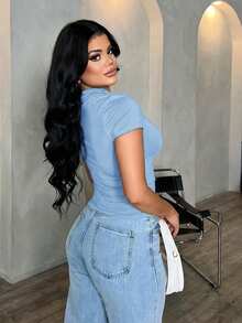 SHEIN SXY 女士性感优雅简约不对称单肩露肩上衣，夏季休闲百搭衬衫 - 藍色 - 查看 2