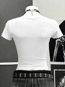 SHEIN 复古朋克风字母印花短袖T恤，Y2K哥特风上衣，街头嘻哈风上衣，90年代女装 - 白色 - 查看 2