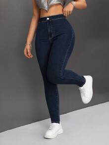 SHEIN PETITE 女士简约休闲纯色弹力修身牛仔裤 - 深色水洗藍 - 查看 5